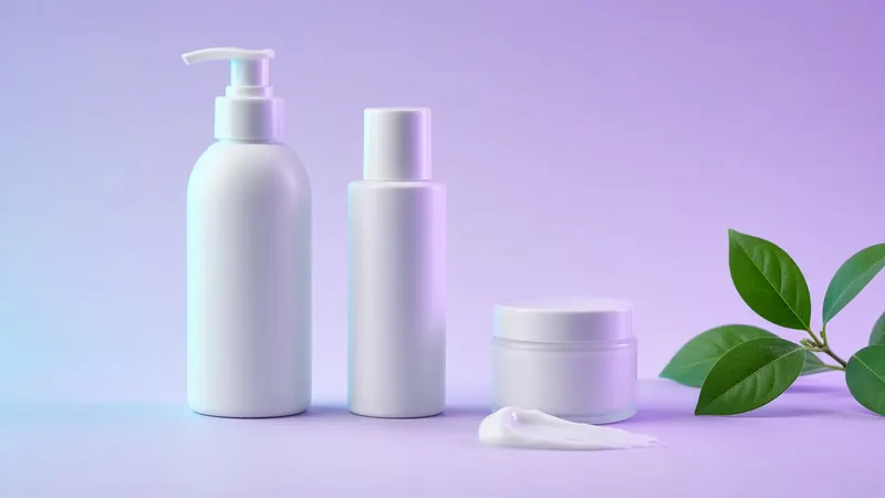 White pump bottle, lotion bottle and cream jar with green leaves