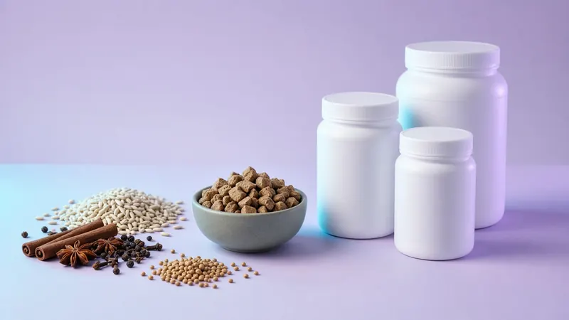 Spices, grains and feed pellets with white HDPE jars