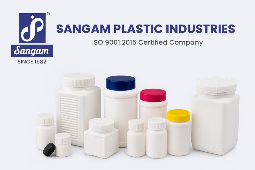 Sangam Plastic Industries logo with a range of HDPE pharma jars – ISO 9001:2015 certified company
